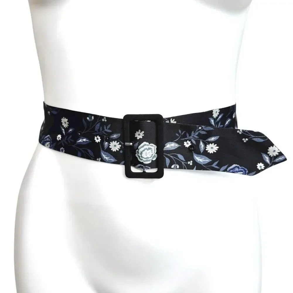 Vintage 1970s Astor Germany Floral Fabric Belt Blue Black Silver Buckle
